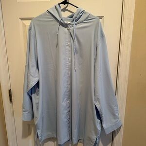Coolibar Women 3X Hooded Button Up Tunic Beach Shirt Sun Protection Light Blue